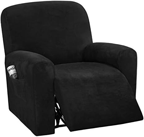 H.VERSAILTEX Velvet Stretch Recliner Couch Covers 4-Pieces Style Recliner Chair Covers Recliner Cover for Reclining Chair Slipcovers Feature Non Slip Form Fitted Thick Soft Washable, Black