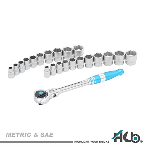 Hb Swivel Head Ratchet 90-Tooth 3/8-Inch Drive With Non-Slip Socket, For Rounded Bolts/Damaged Fasteners/Standard Bolts, Made In Taiwan, With Two Portable Rack, 24-Piece Socket Set Agx001 #TOP4