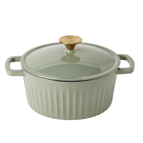 Smith & Clark 3-Quart Enameled Cast Iron Fluted Dutch Oven Pot with Lid, Sage Green