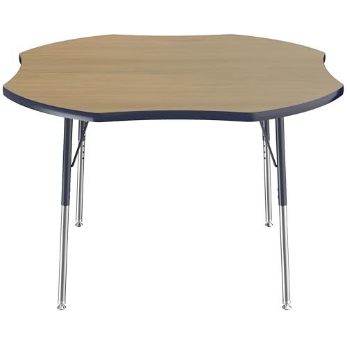 Image of FDP Clover (48 x 48 inch) Collaborative Classroom Table with Adjustable Standard Swivel Glide Legs (19-30 in) School and Office Furniture - Pasadena Oak Top /Navy Edge and Legs