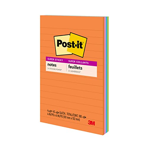 Post-It Super Sticky Notes, 4X6 In, 4 Pads, 2X The Sticking Power, Energy Boost Collection, Bright Colors (Orange, Pink, Blue, Green),Recyclable (4621-Ssau) #TOP7