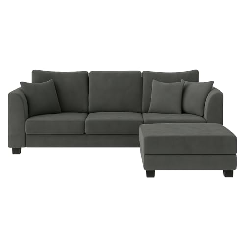 Image of FURNY Premium Ravona 4 Seater Convertible Fabric L Shape Sofa Set, 3 Seater Sofa with Ottoman (Dark Grey) Color with Velvet Fabric | Durable Comfort | Modern Design | Ideal for Living Room