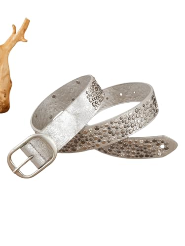 Punk Rhinestone Belt for Women Men - Y2K Studded Western Cowgirl Belt with Metal Spikes(Black/Silver/Brown) (Silver, 120cm)2