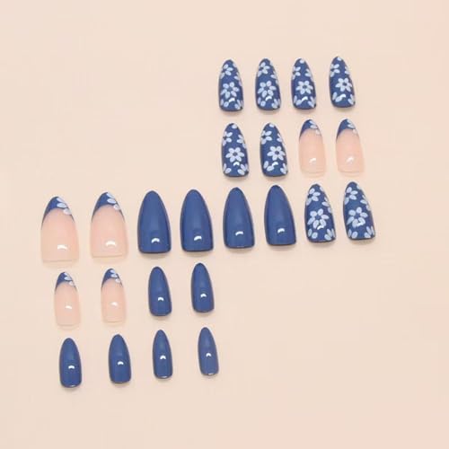 Image of Blue Press on Nials White Flower Fake Nails Medium Almond False Nails with Design French Tip Glue on Nails Artificial Acrylic Nail full Cover Spring Floral Stick on Nails for Women Manicure 24Pcs