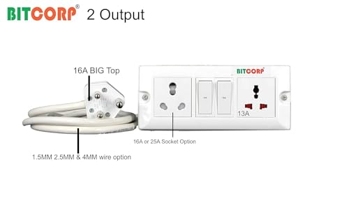 Image of BITCORP 16A Heavy Duty Power Extension Board with Switches with 2 Socket 2 Switch, 5000W, 4 Meter 4.0mm Electric Cord for AC, Refrigerator, EV Charger, Washing Machine, Geyser