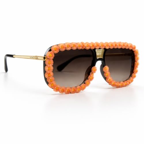 ICARA Women's Statement Sunglasses Oversized Aviator Handmade Floral Fashion Sunglasses UV400 for Festival Party Vacation (YELLOW)
