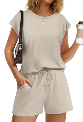 Image of WIHOLL Two Piece Sets for Women Summer Crew Neck Lounge Short Sets Cap Sleeve Drawstring Sweatsuit with Pocket
