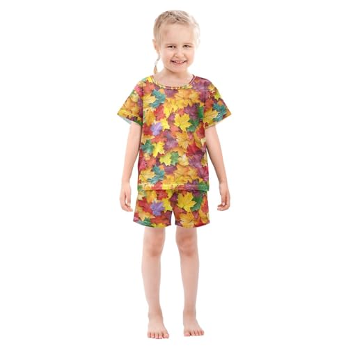 ALAZA Colorful Maple Leaves Autumn Pajamas Set Short Sleeve Cotton Sleepwear Summer Pjs 2 Piece 5-14Y3