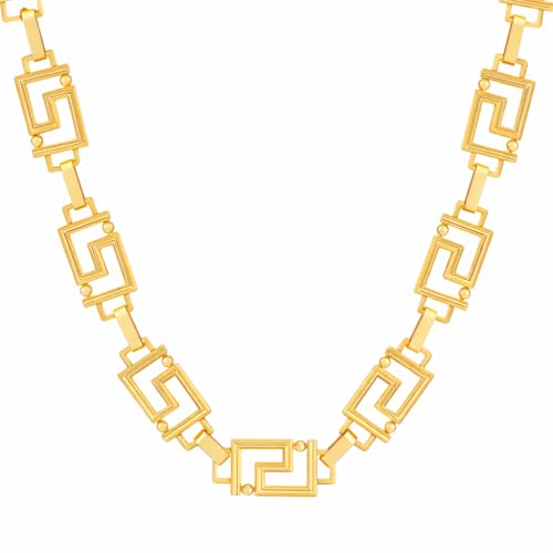Greek Key Statement Necklace for Women Men, Bold Gold Tone Geometric Meander Link Chain, Vintage Inspired Architectural Jewelry, Luxury Fashion Accessory for Parties & Events (731-Greek Key Necklace)