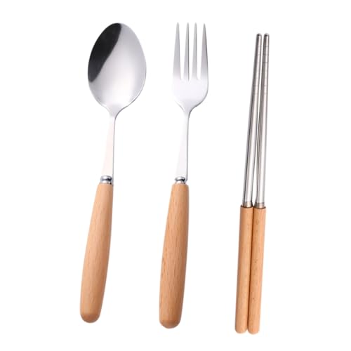 EXCEART 日式木柄フォークスプーン箸 ステンレス製カトラリー点 キャンプやパーティーに 家用 レストラン対応耐熱食器