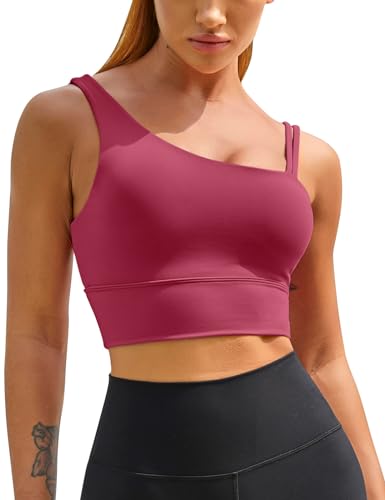 Image of MELYUM Longline Sports Bras for Women One Shoulder Workout Tank Tops with Built in Bra Supportive Crop Yoga Top Padded