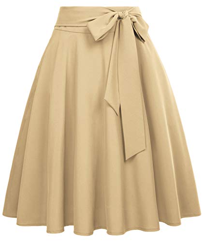 Womens A-Line Flared Swing Midi Skirt Khaki Skirt with Pockets Below The Knee, S