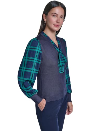Image of Tommy Hilfiger Women's Long Sleeve Twofer Sweater with Woven Sleeves
