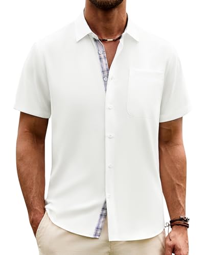 Mens Button Down Short Sleeve Shirts Summer Casual Linen-Like Urban Shirt Beach Wedding Vacation Tops with Pocket White
