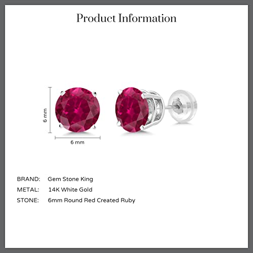 Gem Stone King 14K White Gold Red Created Ruby Stud Earrings For Women (2.00 Cttw, Round 6Mm) #TOP4