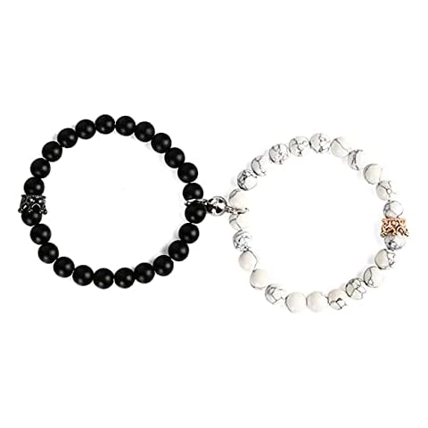 Anloo Couples Bracelets Magnetic King&Queen Crown Couple Bracelets His and Her Lover Friendship Bead Bracelet Jewelry(Black&White-Gold Crown) Cover