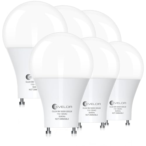 GU24 LED Light Bulb,60 Watt Equivalent Daylight White 5000K,Non-Dimmable,Efficient 9W,800 Lumens Twist and Lock 2 Prong Light Bulbs,15000 Hours,Ideal for Kitchen,Living Room,Bedroom,6-Packs