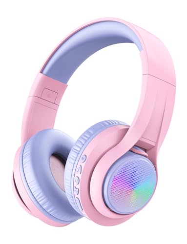 iClever Kinder Kopfhörer BTH16 Auswechselbare Abdeckung Bluetooth Kinder Kopfhörer Bunte RGB-Leuchten mit Mikrofon, 45H Spielzeit, Hi-Fi-Stereo-Sound für Kinder Teens, Rosa