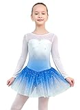 Long Sleeve Dance Leotard with Tutu Snow Blue Mesh Tutu Princess Dress Student Stage Performance Ballet Dress 6-7 Years