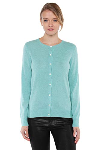 JENNIE LIU Women's 100% Cashmere Button Front Long Sleeve Crewneck Cardigan Sweater (1575, Aqua...