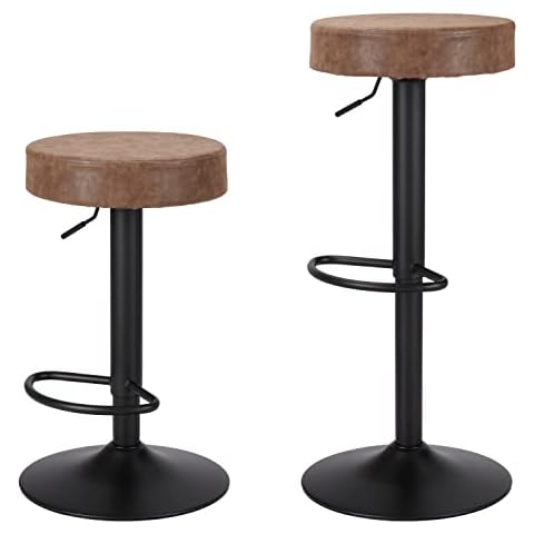 Finnhomy Bar Stools Set of 2 Counter Height, Swivel Barstools with Footrest and Backless Round, Height Adjustable Modern Bar stools for Kitchen, Vintage Leather, Retro Brown Cover