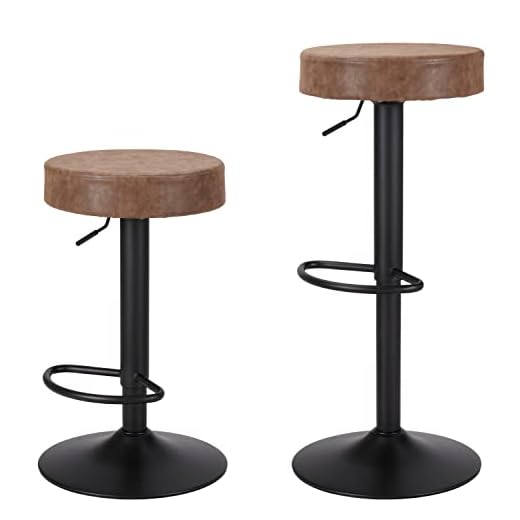 Finnhomy Bar Stools Set of 2 Counter Height, Swivel Barstools with Footrest and Backless Round, Height Adjustable Modern Bar stools for Kitchen, Vintage Leather, Retro Brown