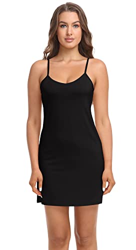 Nvwan Women Plus Size Full Slip Adjustable Spaghetti Strap Camisole Mini Dress Casual V-Neck Nightgown Black Xx-Large #TOP1