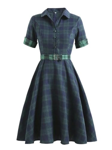 Blau-grün Kariertes Hemdblusenkleid für Damen mit Knopfleiste und Gürtel, Elegantes Midi-Swing-Kleid für den Frühling, Marineblau, XXL