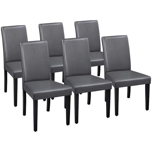 Image of Yaheetech Dining Chairs Set of 6 Faux Leather Modern Dining Room Chairs with Rubberwood Legs and Padded Seat for Kitchen /Living Room /Restaurant, Dark Gray
