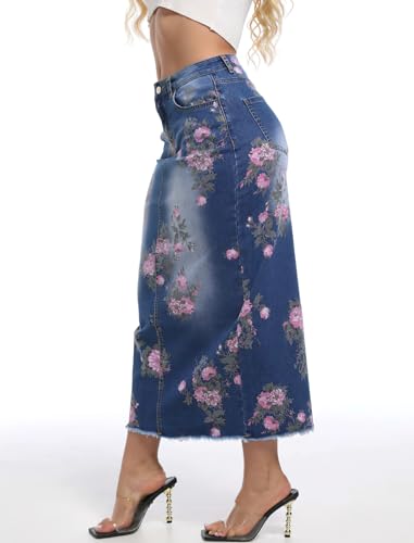 ebossy Women's High Waist Floral Printed Back Slit Frayed Hem Mid Long Bodycon Denim Skirt2