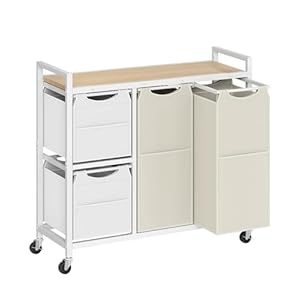 HOOBRO Laundry Sorter with 4 Section, 39 Gal. (147 L) Laundry Hamper with Wheels, Rolling Laundry Basket with Shelves, Pull-Out Detachable Bags, Side Pockets, White, Natural and Beige WNE14XY01N1