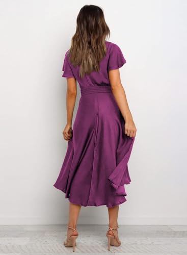 Image of miduo Womens Satin V Neck Ruffle Short Sleeve Tie Front High Waist Midi A-Line Maxi Dresses