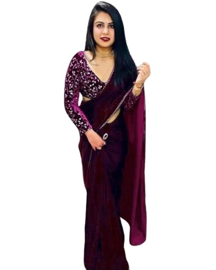 Dream Crushers Women Heavy Velvet Embroidery Border Saree With Em...