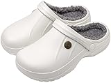 ChayChax Waterproof Slippers Women Men Fur Lined Clogs Winter Garden Shoes Warm House Slippers Indoor Outdoor Mules, White/Grey, 8.5-9 Women/7.5-8 Men
