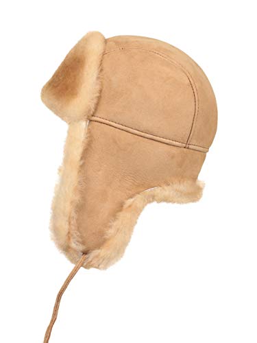 Image of Leather Aviator Shearling Ushanka Trapper Hat Russian Sheepskin Cap Real Fur Winter Hat with Ear Flaps for Men Women
