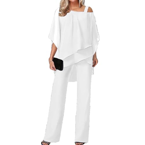Damen Zweiteiler Outfit Sommer Hosenanzug Damen Tüll Sets Zweiteiler Chiffon Shirt und Hohe Taille Hosenanzug Elegant Vintage 2-Teiliges Set Outfit Cocktail Party Hosenanzug(White,L) Damen Zweiteiler Outfit Sommer Hosenanzug Damen Tüll Sets Zweiteiler Chiffon Shirt und Hohe Taille Hosenanzug Elegant Vintage 2-Teiliges Set Outfit Cocktail Party Hosenanzug(White,L)
