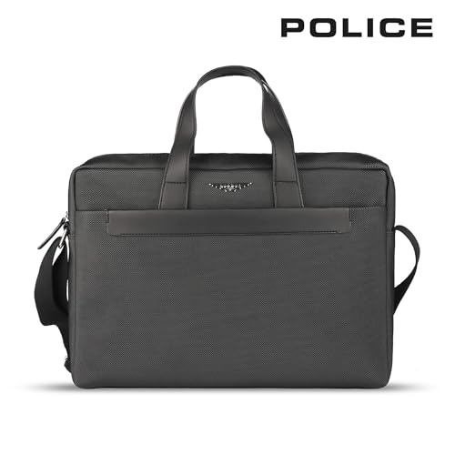 Image of Police Laptop Messenger Bag For Men and Women | 14 Inch Briefcase Leather Office Bag For Men With Splashproof And Padded Protection | Multipocket with Adjustable Shoulder Strap - Black