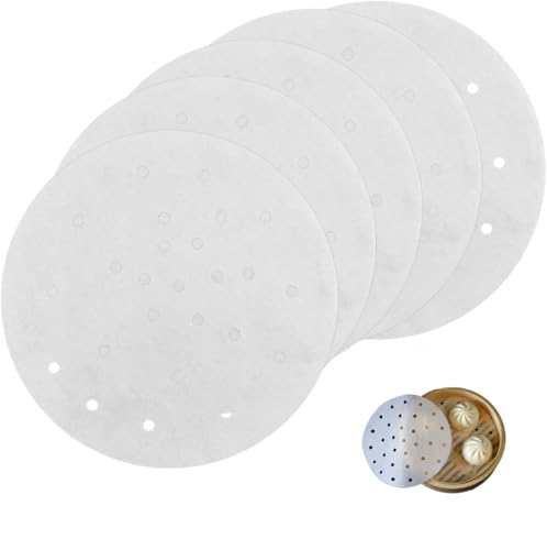 Dampfgarer Papier, Perforiert Backpapier Antihaft, Rund Pergament Papier für Air Fritteusen, Steamer Liner Dim Sum Papier für Bambus Dämpfen Matte, Dampfkorb von Brot, 20 cm/8 inch, (Weiß,200 Stk)