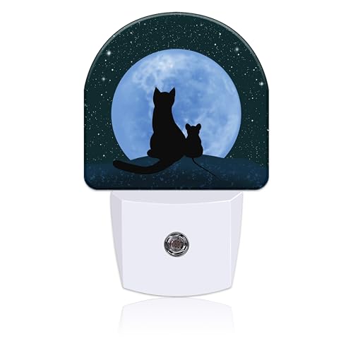 Image of Plug in Night Lights Cat and Mouse Looking Moon Nightlight Plug Into Wall Dusk to Dawn Sensor LED Night Light for Kid Girls Boys Women Room Decor, Hallway, Kitchen, Bathroom, Nursery, Stairs
