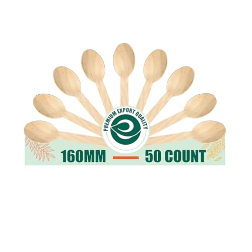 ECO SOUL [160mm, 50 Pack Disposable Spoons | Wooden Dining Flatware | Ideal for Kids Birthday, Wedding & Party