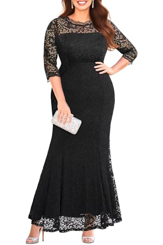 Image of Pinup Fashion Plus Size Formal Dress Women Wedding Lace Evening Gowns | Elegant lace mermaid evening gown, sheer 3 /4 sleeves, ideal for mother of the bride, prom, wedding guest