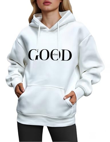 CMTOP Sudaderas Mujer con Capucha Casual Estampada Hoodie Cálido Polar Pullover Suelta y Cómoda Sweatshirt Moda Otoño e Invierno Camisetas con Bolsillo(B-Blanco, M)