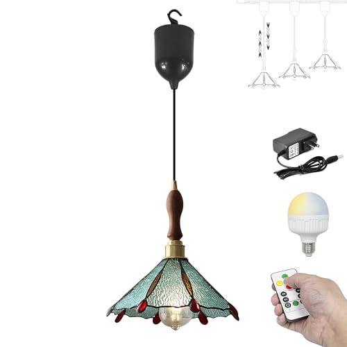 SKIVTGLAMP Adjustable Height Rechargeable Battery Operated Pendant Light, Remote Control Wooden Handle Copper Socket Tiffany Wavy Ribbed Blue Cover 4Ft Dimmable RGB Decorate for Shopwindow