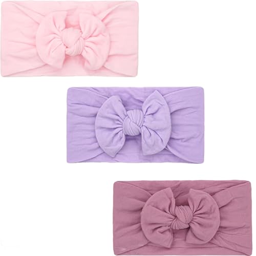 Image of JOYOYO 3 Colors Soft Wide Turban Baby Headbands with 3.5 inches Hair Bow Headbands for Baby Girls Infants Newborn Hair Accessories Toddlers Kids and Children(Pink Purple Purple)