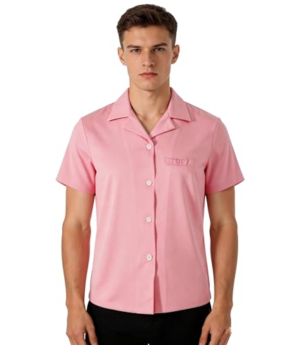 Halloween Anime Mens Pink Basic Collar Short-Sleeved Woven Shirt (XX-Large)