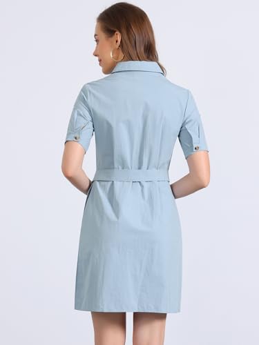 Image of Allegra K Women's Safari Dress Collared Short Sleeve Cotton Belted Button Down Shirt Dresses