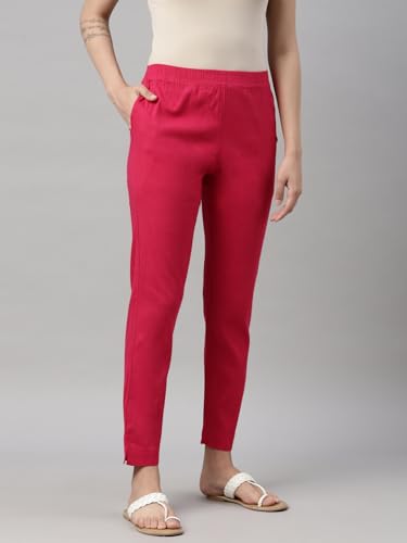 Image of MINELLI Women Solid Cigar Pants, Cotton Lycra Slub Fabric, Elasticated Waistband, Pull On Style, Regular Fit Bottom Wear for Western and Ethnic Wear