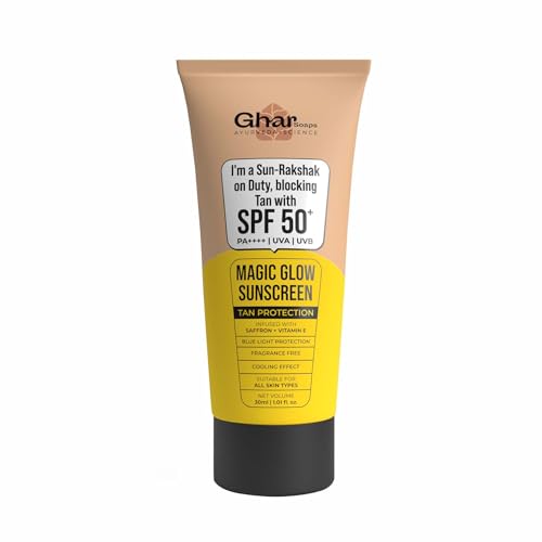 Image of Ghar Soaps Magic Glow SPF 50+ PA++++ Mineral Sunscreen | UVA /UVB & Blue Light Protection | No White Cast, Non-Greasy | Brightens Skin, Reduces Tanning | For Men & Women | 30g, Pack Of 1