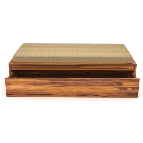 Image of Wooden Single Size Bed for Living Room, Drawing Room & Bedroom | Space Saving Wooden Cot /Palang /Diwan with Trundle Drawer Storage | Solid Sheesham Wood | Honey Finish
