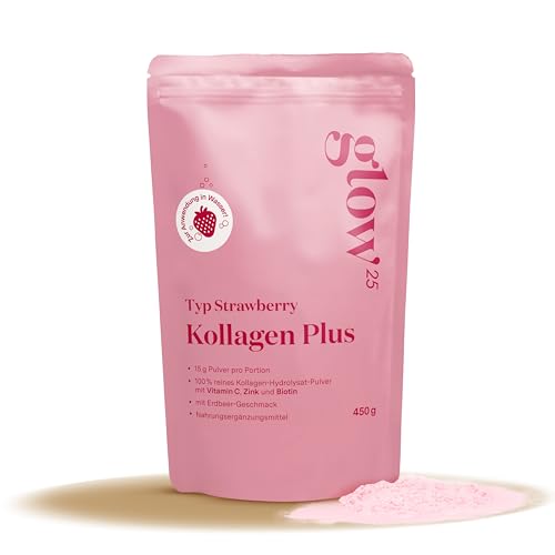 Glow25 Collagen Plus Pulver Strawberry [450g] Kollagen Hydrolysat mit Vitamin C Zink und Biotin Peptide Typ 1 und 3 Speziell für Wasser entwickelt Mit Erdbeer-Geschmack